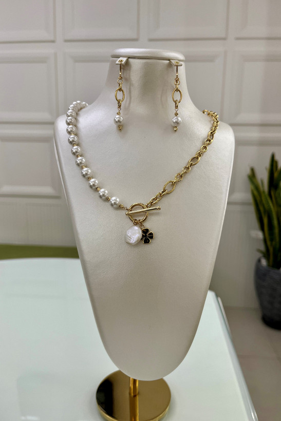 سرویس طلا کامل – گردنبند، گوشواره و دستبند مروارید – گالری پارسین